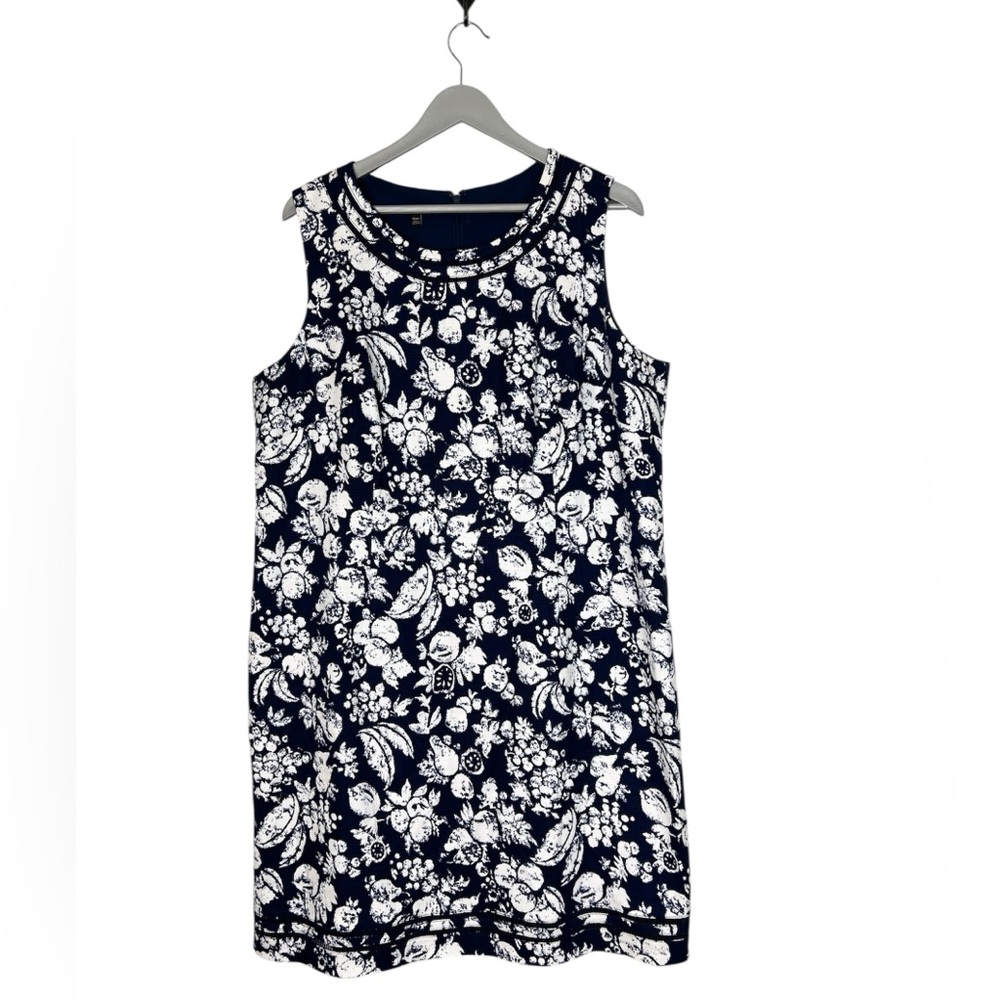 Talbots Sheath Dress Size 16WP Blue White Novelty Fruit Print Lattice Lace